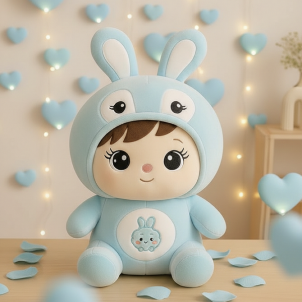 Stuffed doll with bunny cap