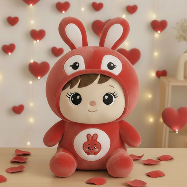 Stuffed doll with bunny cap