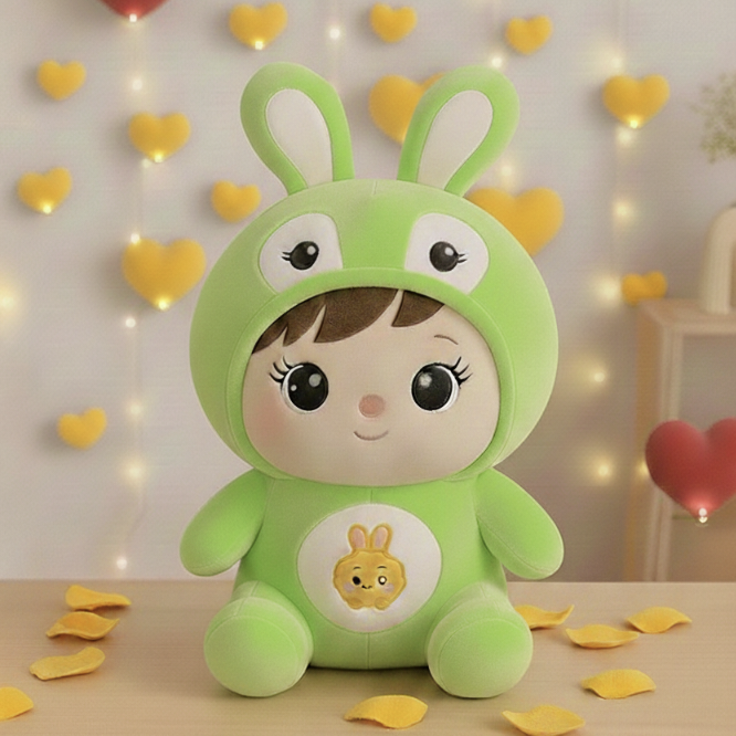 Stuffed doll with bunny cap
